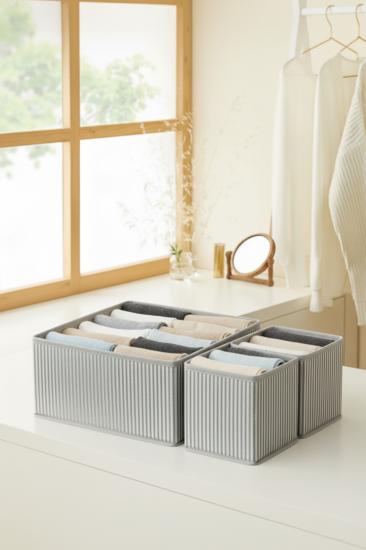 3’lü Gri Çizgili Çekmece İçi Düzenleyici Organizer Set – Çok Amaçlı Dolap İçi Kutu Seti