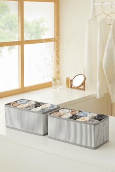 2’li Çok Amaçlı Dolap İçi Çekmece Düzenleyici Kutu Gri Çizgili Kumaş Çorap ve İç Çamaşırı Organizeri