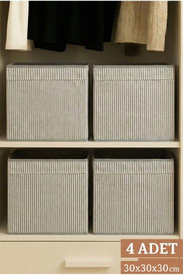 4’lü Gri Çizgili Kumaş Dolap İçi Düzenleyici Kutu - 30x30x30 cm Katlanabilir Çok Amaçlı Saklama Kutusu