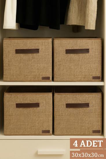 4’lü Jüt Kumaş Dolap İçi Düzenleyici Kutu - 30x30x30 cm Katlanabilir Çok Amaçlı Saklama Kutusu