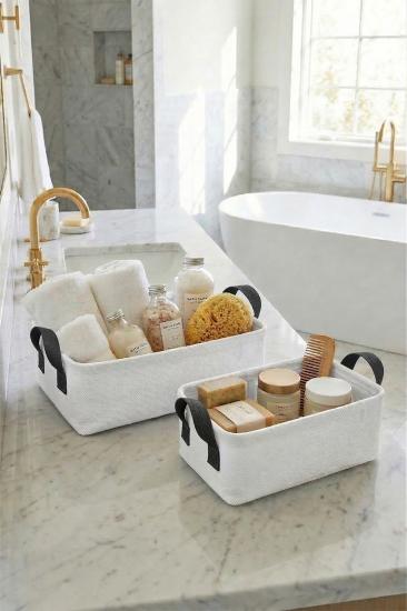 2 li BeyazKumaş Banyo Düzenleyici Sepet Dekoratif Çok Amaçlı Organizer Kutu 30x22x10-30x22x10