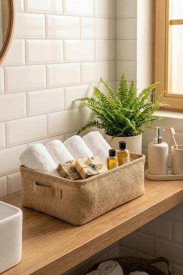 Jüt Kumaş Banyo Düzenleyici Sepet Dekoratif Çok Amaçlı Organizer Kutu 37x27x10