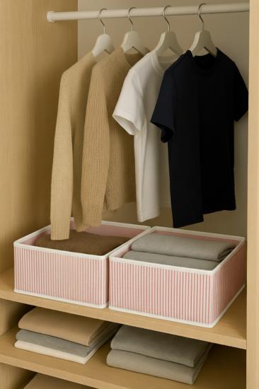 2’li Set Dolap İçi ve Çekmece Düzenleyici Organizer Kutu, Pembe Çizgili Kumaş Kutu 28x28x13 cm