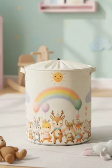 Sevimli Dans Eden Hayvan Baskılı Fileli Çok Amaçlı Oyuncak Kirli Sepeti Katlanır Düzenleyici 37x40