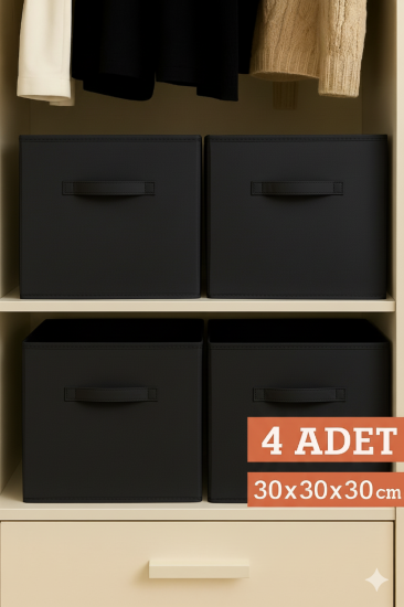 4’lü Siyah Kumaş Dolap İçi Düzenleyici Kutu - 30x30x30 cm Katlanabilir Çok Amaçlı Saklama Kutusu