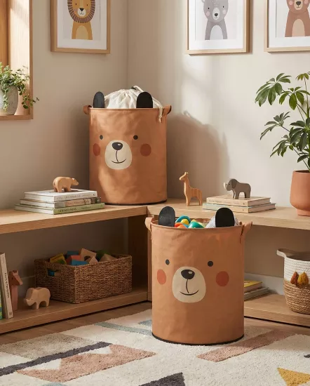 2’li Bear Tasarımlı Bebek Çocuk Odası Düzenleyici Saklama Kutusu Oyuncak Kirli Sepeti 37x40