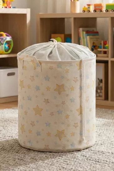 Yıldız Desenli Ağzı Büzgülü Çok Amaçlı Oyuncak Saklama Kirli Sepeti Katlanabilir Düzenleyici 37x40