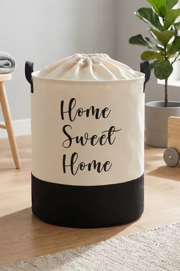 Beyaz Kumaş Fileli Home Sweet Home Baskılı Çok Amaçlı, Dekoratif Oyuncak Sepet