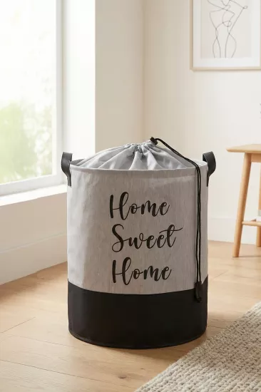 Home Sweet Home Baskılı Fileli Gri Kıyafet Çamaşır Sepeti 37x40