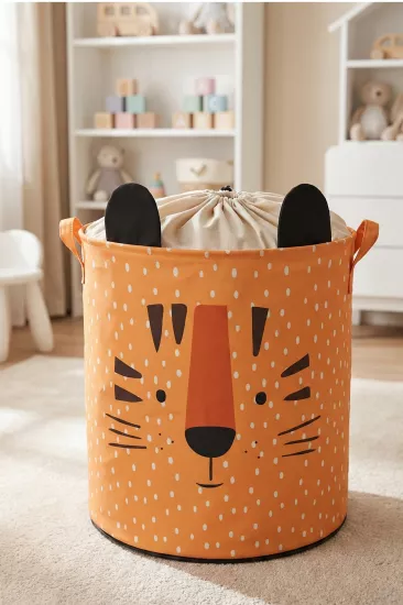 Kaplan Tasarımlı Fileli Bebek Çocuk Odası Düzenleyici Saklama Kutusu Oyuncak Kirli Sepeti 37x40
