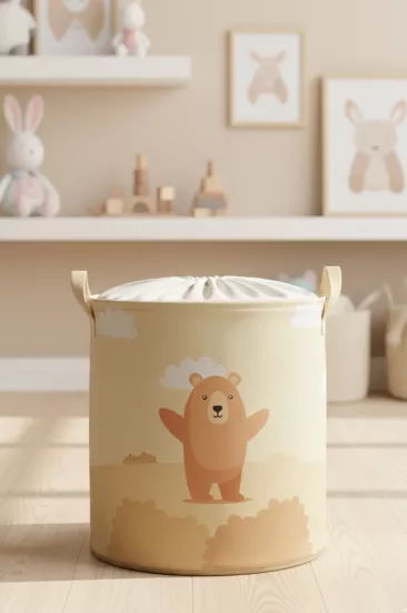 Küçük Ayı Baskılı Fileli Oyuncak Çamaşı Kirli Düzenleyici Sepet 37 x 40