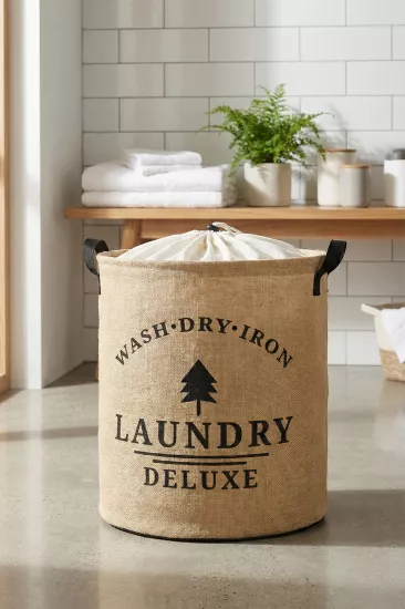 Laundry Deluxe Baskılı Fileli Jüt Katlanabilir Kıyafet Kirli Çamaşır Havlu Sepeti 37 x 40