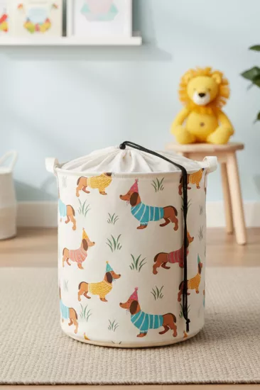 Sausage Dog Fileli Çok Amaçlı Oyuncak Saklama Kutusu Çamaşır Sepeti Katlanır Düzenleyici Sepet 37x40