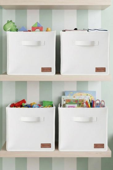 4`lü Beyaz Desteksiz Saklama Kutusu 28x28x28 Dekoratif Kulplu Organizer Dolap İçi Çamaşır Oyuncak Düzenleyici