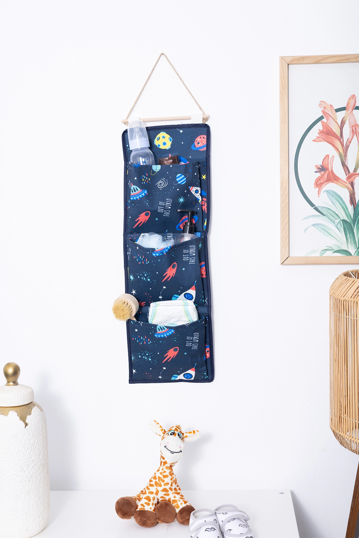 Uzay Baskılı 3 Cepli Çok Amaçlı Askılı Duvar Tipi Dolap Içi Banyo Mutfak Düzenleyici Organizer 20 x 60