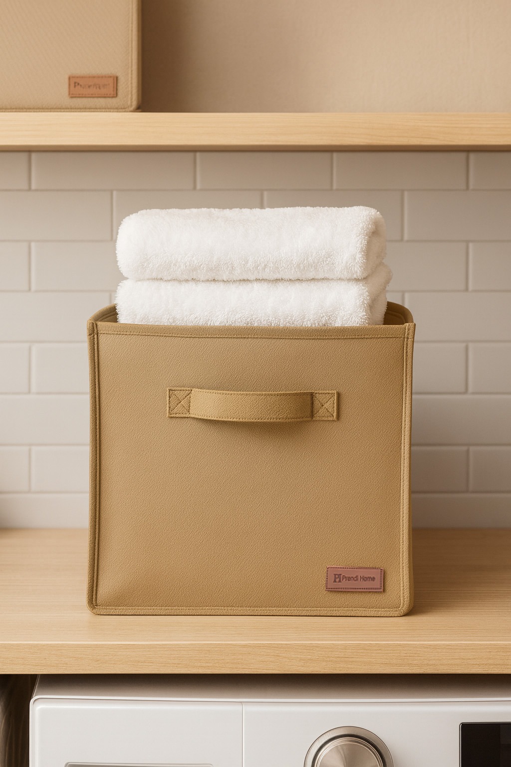 4`lü Bej Desteksiz Saklama Kutusu 28x28x28 Dekoratif Kulplu Organizer Dolap İçi Çamaşır Oyuncak Düzenleyici