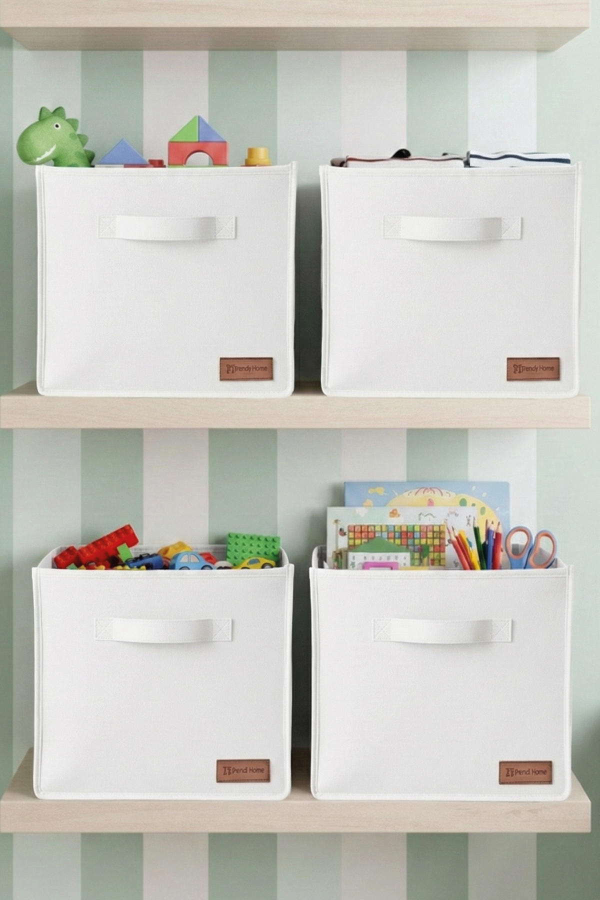 4`lü Beyaz Desteksiz Saklama Kutusu 28x28x28 Dekoratif Kulplu Organizer Dolap İçi Çamaşır Oyuncak Düzenleyici