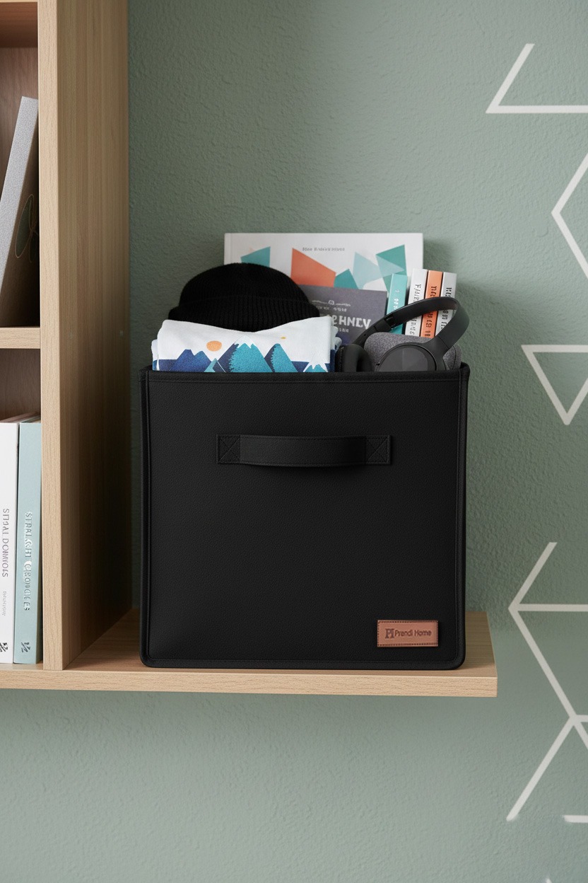 4`lü Siyah Desteksiz Saklama Kutusu 28x28x28 Dekoratif Kulplu Organizer Dolap İçi Çamaşır Oyuncak Düzenleyici