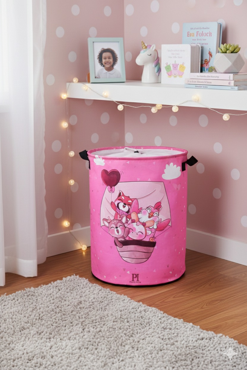 Pembe Düşler Ağzı Büzgülü Katlanır Kirli Çamaşır Dolap Içi Oyuncak Saklama Sepeti 32x40