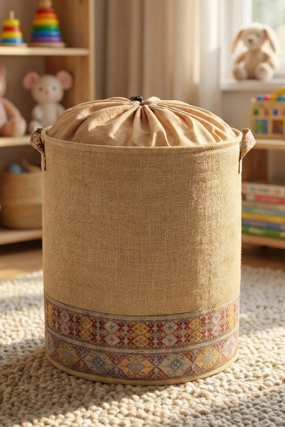 Garnili Etnik Tarz Fileli Jüt Sepet - Kıyafet Havlu Kirli Çamaşır Sepeti 37 x 40